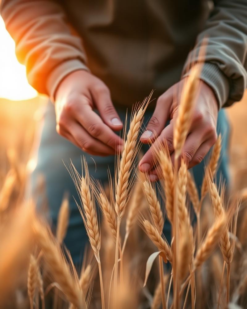 Agronomo che ispeziona le spighe di grano