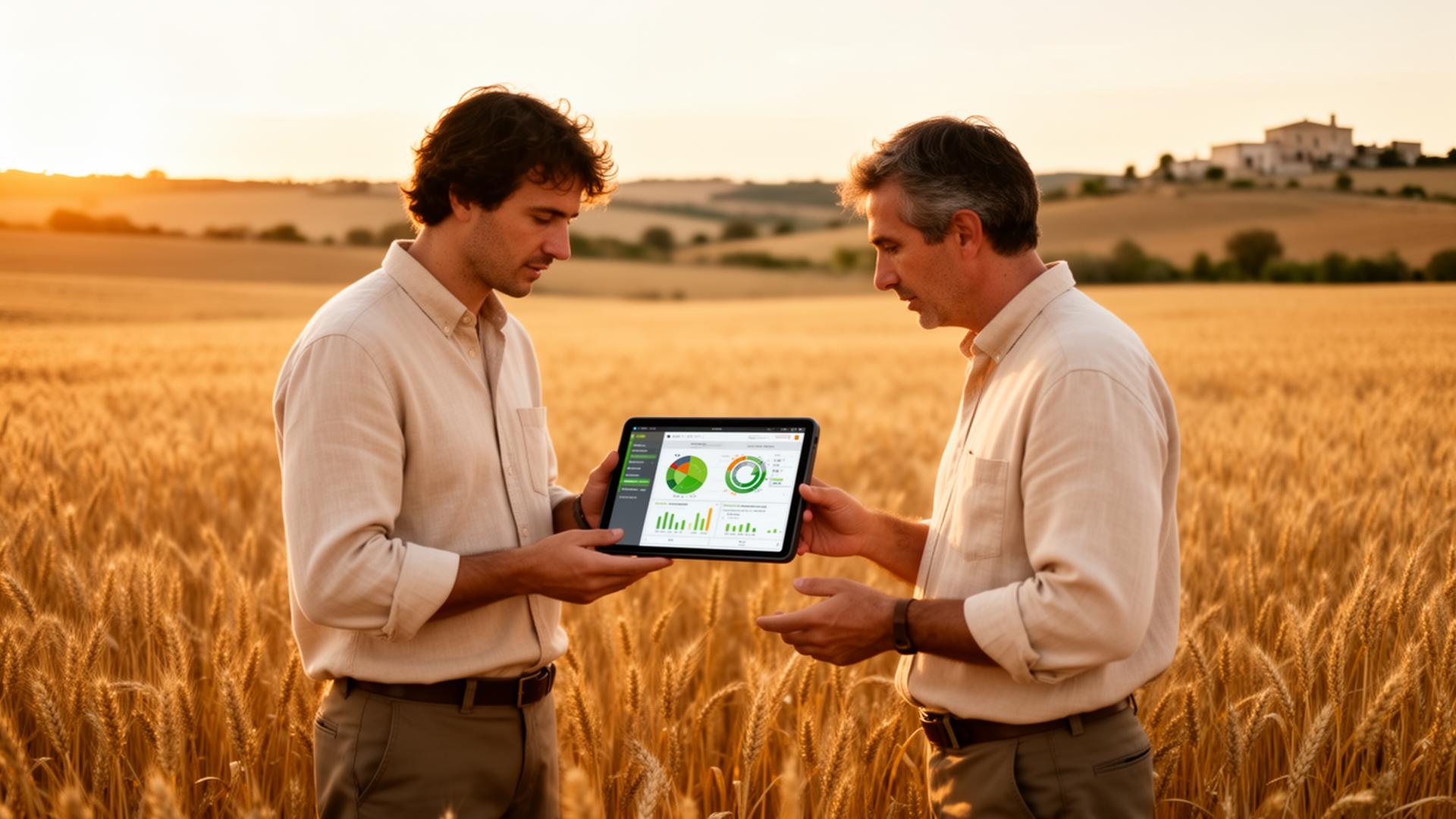 Agronomi che analizzano dati colturali su tablet in un campo di grano