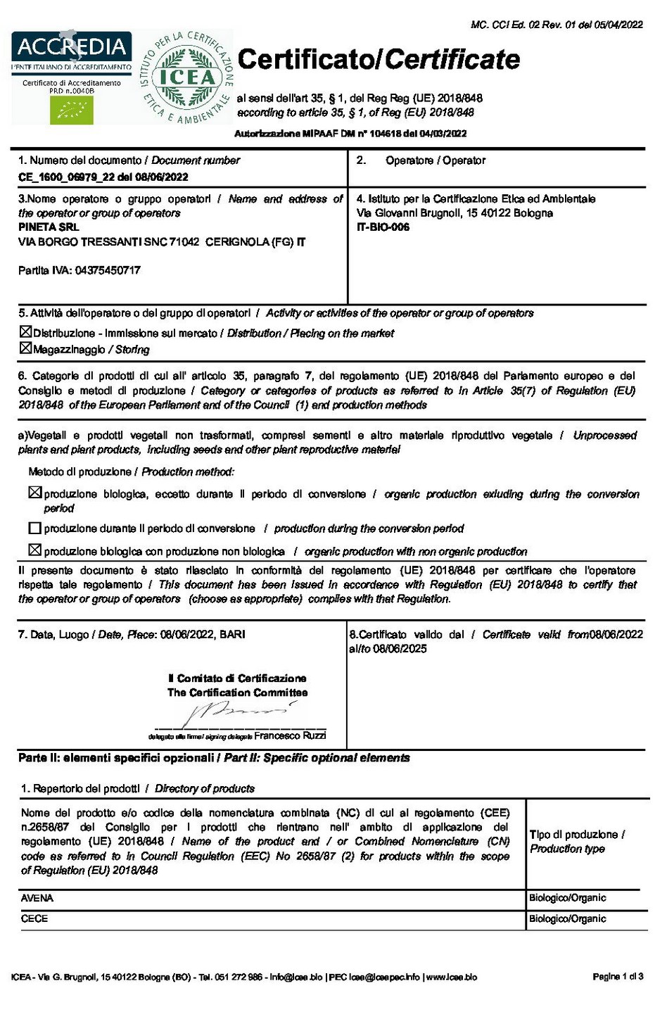 Preview of the certificate ICEA Bio
