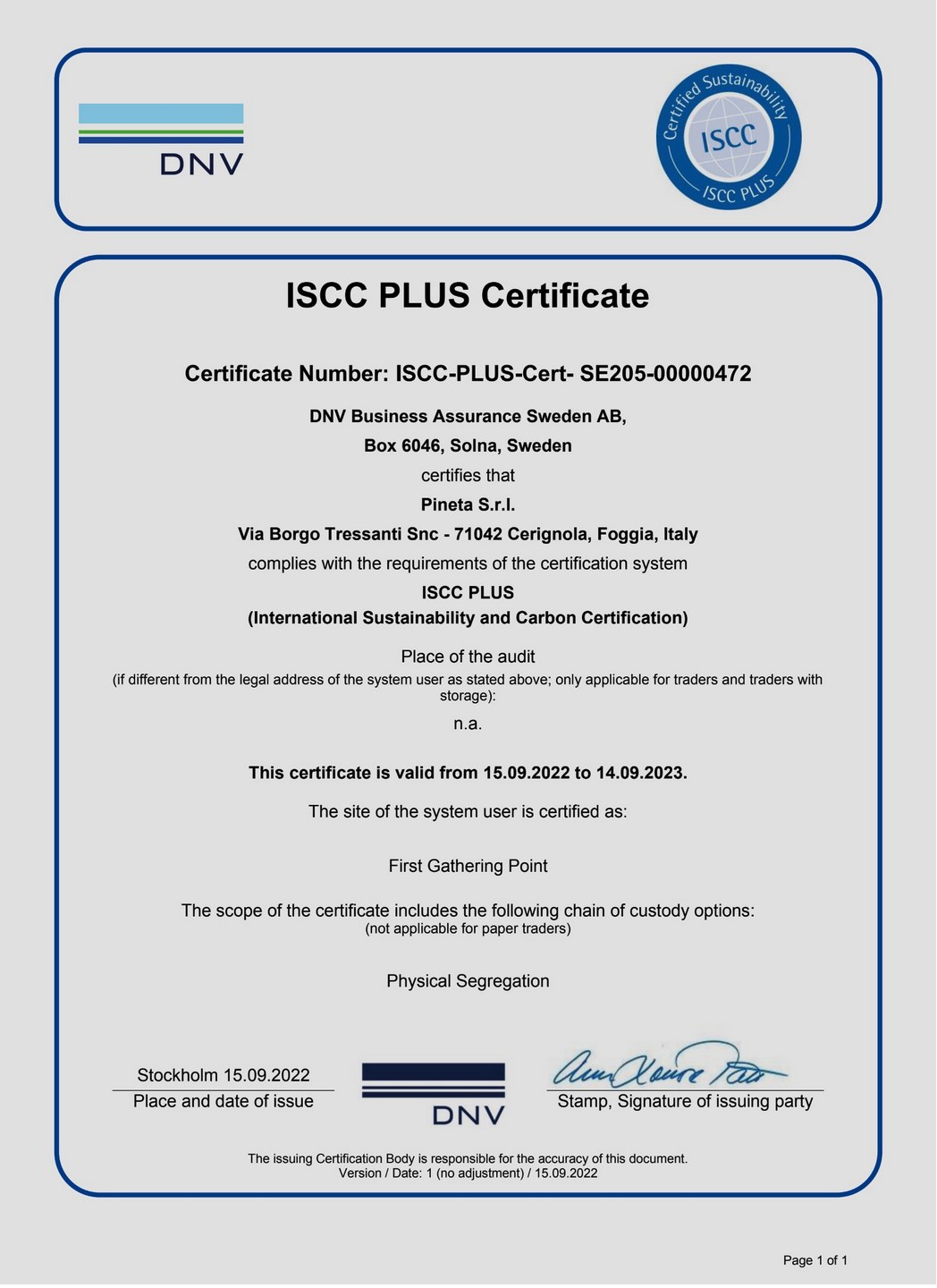 Preview of the certificate ISCC PLUS